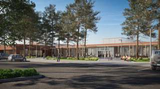 A rendering of the front of ParkWorks Industry Center including a covered single-story entry and parking lot.