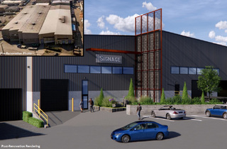 An exterior rendering of a renovated industrial building with cars in the parking lot and an inset of the original building pre-renovation.